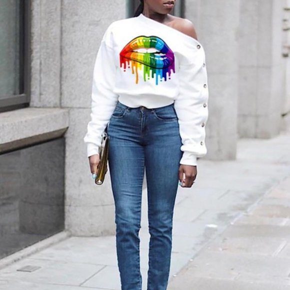 Off Shoulder Color Lip Sweater - Picture 1 of 2